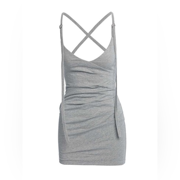 NEW Naked Wardrobe Heather Gray 100% COTTON Ruched Strap Mini Dress - Picture 7 of 14